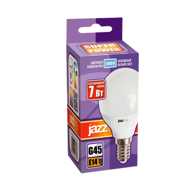 Лампа светодиодная JAZZway G45 E14 7W 5000К 230V шар матовая (1/10/100)