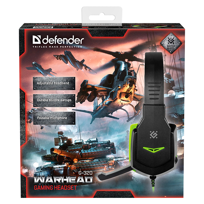 Наушники полноразмерные Defender G-320 Warhead с микр. игровые черный зеленый (1/20)