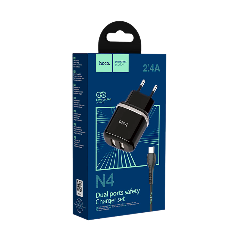 Сетевое З/У HOCO N4 2USB 2.4A с кабелем Lightning черный (1/12/120)