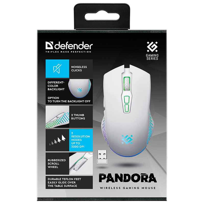Беспроводная игровая мышь Pandora GM-502 белая,7кнопок,3200dpi,500мАч DEFENDER
