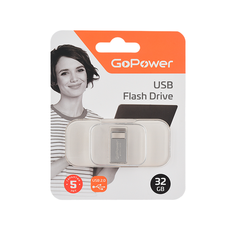 Флеш-накопитель GoPower MINI 32GB USB2.0 металл серебряный (1/50/1000)