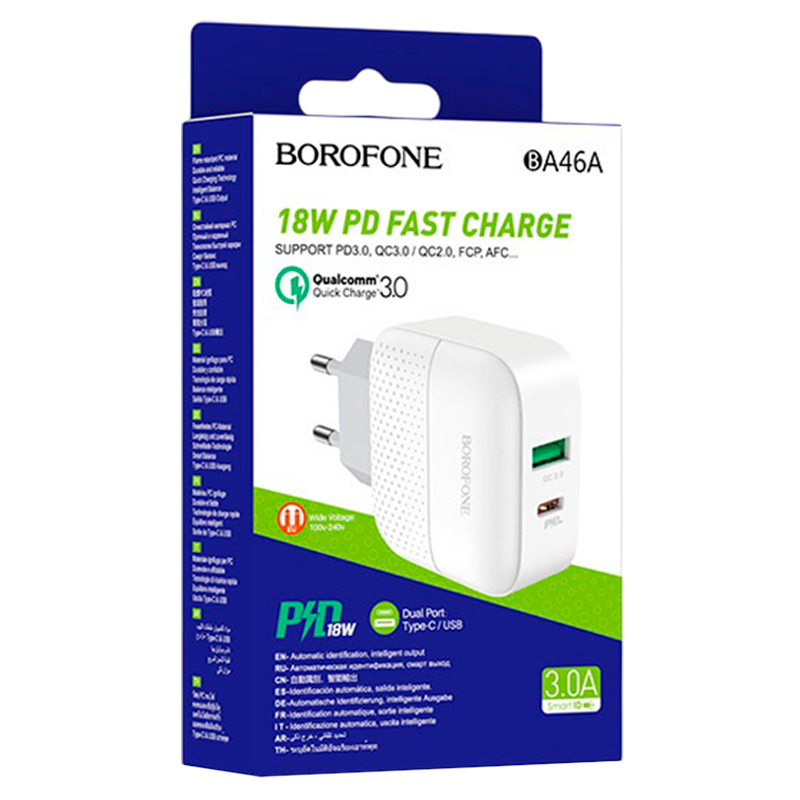 Сетевое З/У Borofone BA46A 1USB/Type-C 3.0A 18W QC3.0 белый (1/32/128)