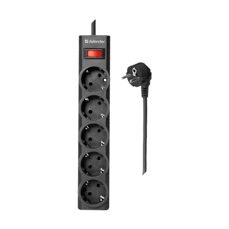 Сетевой фильтр Defender ES largo 5р.С/З 10A с выкл. 125 Дж 5.0м черный (1/30)