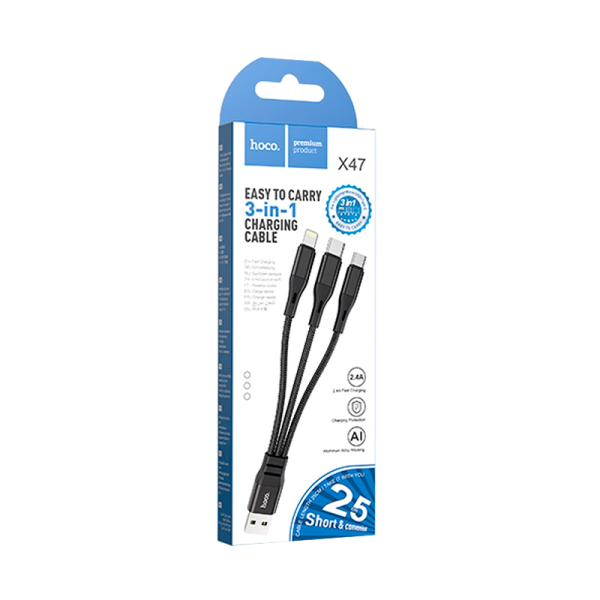 Кабель HOCO X47 USB (m)-Lightning/Type-C/microUSB (m) 0.25м 2.4A нейлон черный (1/31/310)