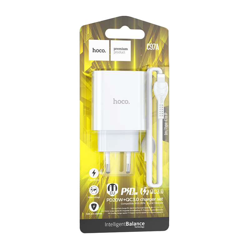 Сетевое З/У HOCO C97A 1USB/Type-C 20W QC3.0 с кабелем Type-C-Lightning белый (1/28/168)