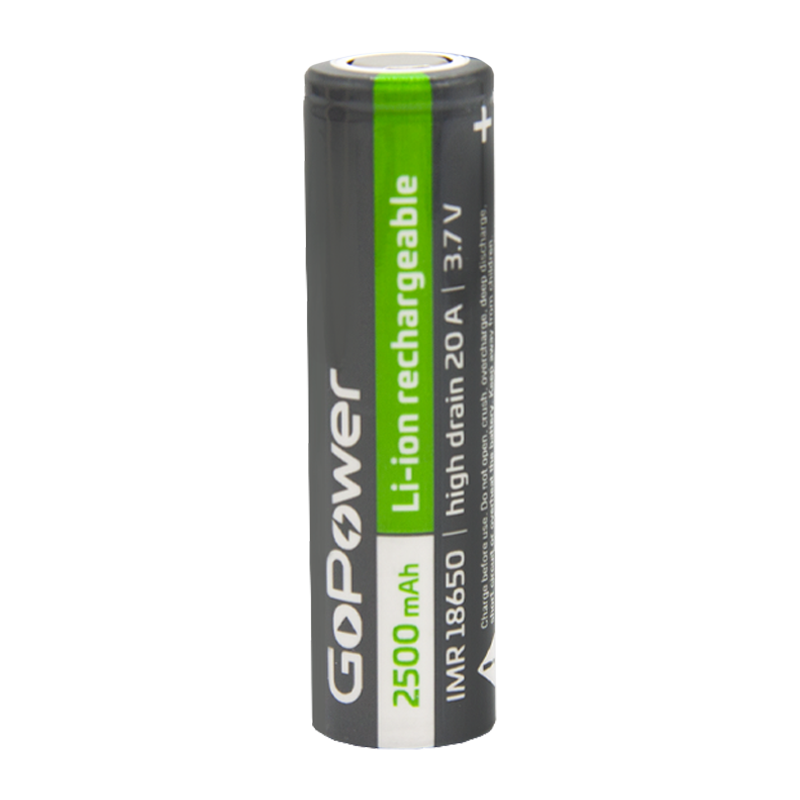Аккумулятор Li-ion GoPower IMR18650 PC1 20A 3.7V 2500mAh без защиты выс.ток плос.конт. (1/100/400)