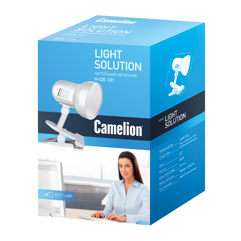 Светильник настольный Camelion H-035 60W 220V E27 прищепка белый (1/12)
