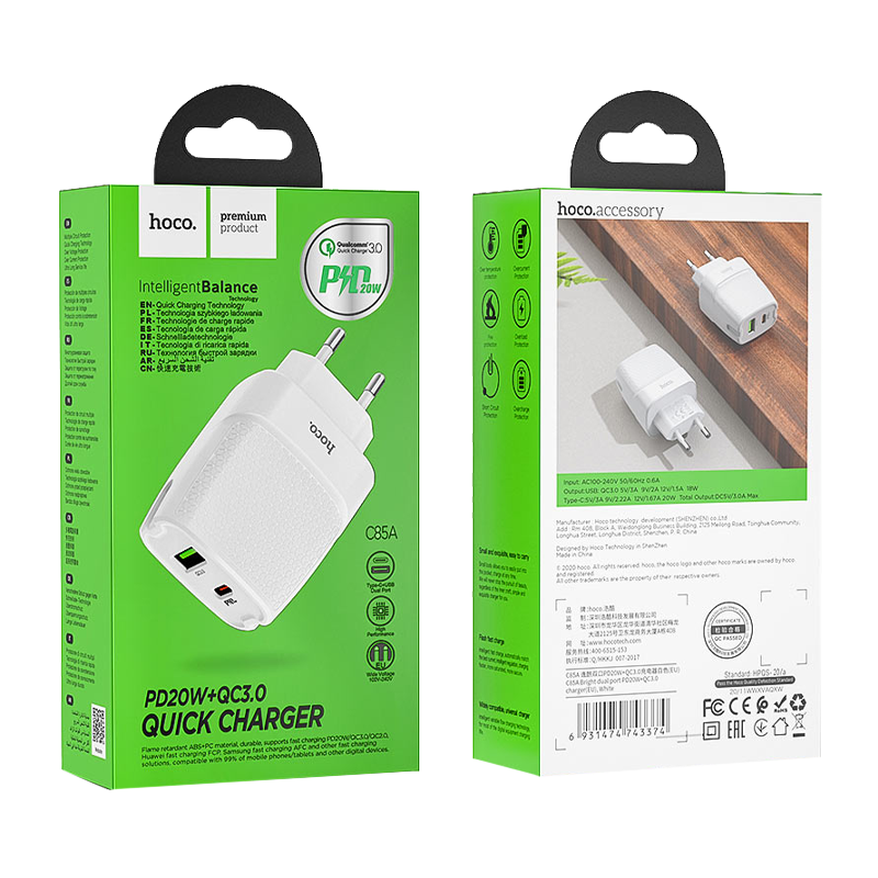 Сетевое З/У HOCO C85A 1USB/Type-C 3.0A 18W QC3.0 белый (1/10/100)
