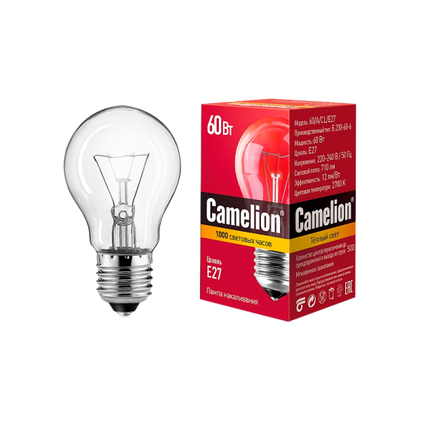 Лампа накаливания Camelion E27 60W 220-240V груша прозрачная (1/100)