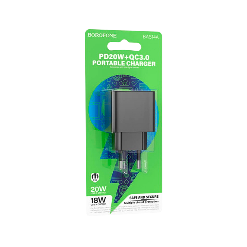 Сетевое З/У Borofone BAS14A 1USB/Type-C 3.0A 20W черный (1/64/256)