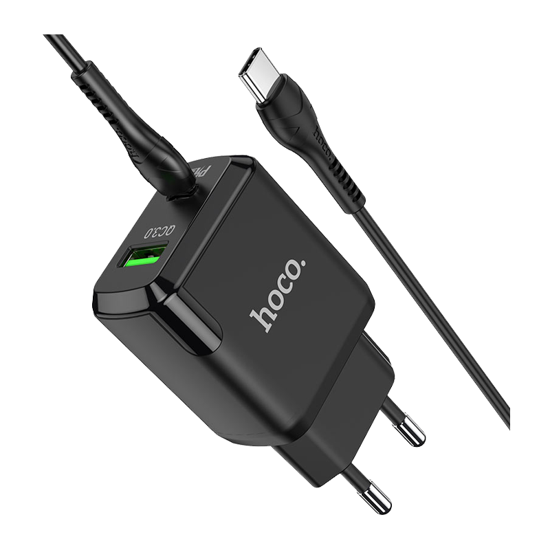 Сетевое З/У HOCO N5 1USB/Type-C 3.0A 20W PD3.0 с кабелем Type-C-Type-C черный (1/12/120)