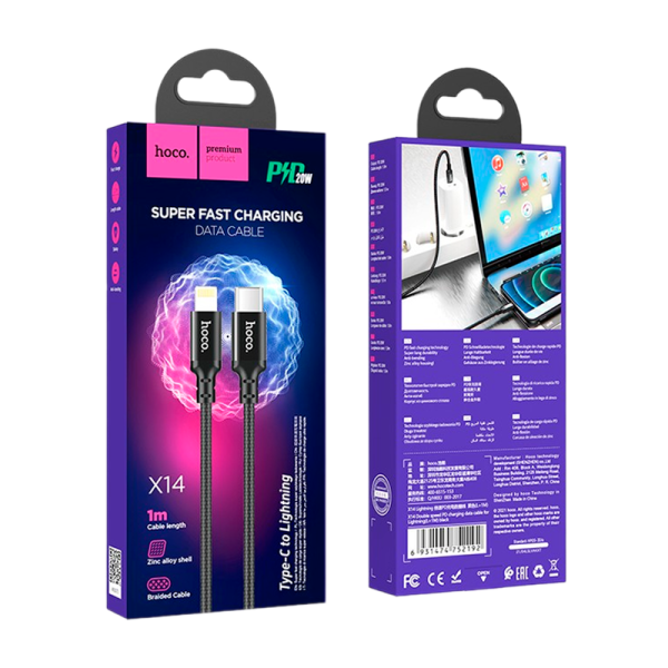 Кабель HOCO X14 Lightning (m)-Type-C (m) 1.0м 3.0A 20W нейлон черный (1/20/200)
