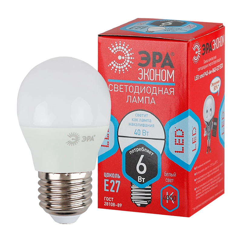 Лампа светодиодная ЭРА P45 E27 6W 4000К 220-240V шар Eco (1/10/100)