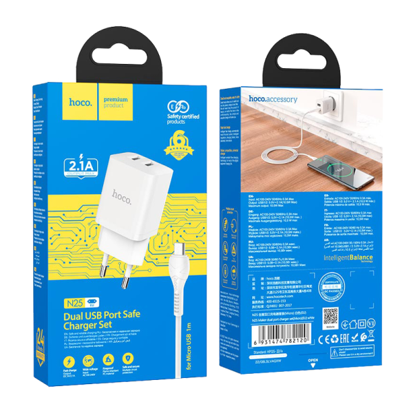 Сетевое З/У HOCO N25 2USB 2.1A с кабелем microUSB белый (1/13/130)