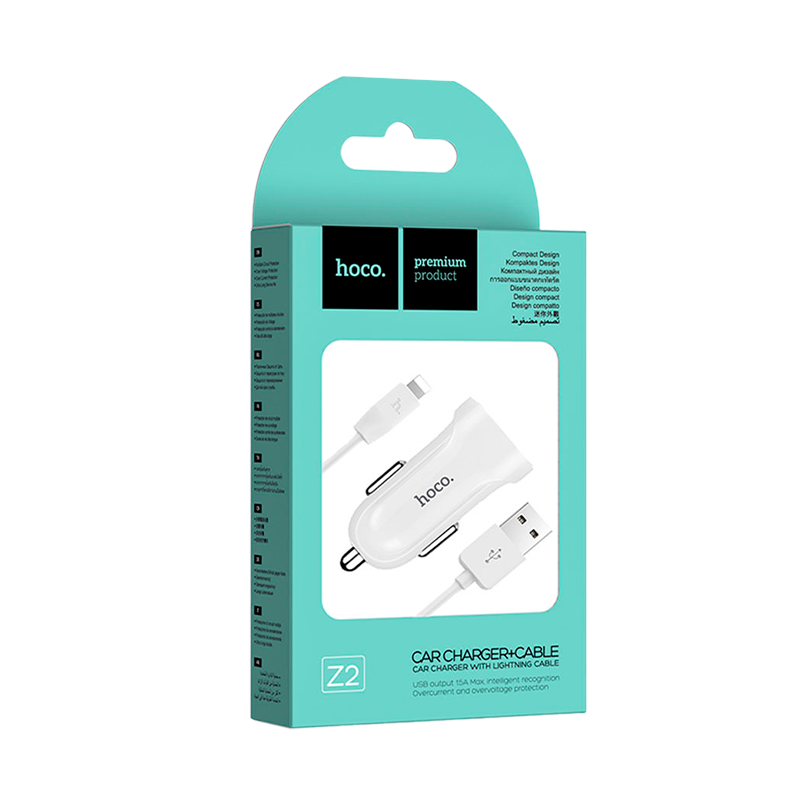 Автомобильное З/У HOCO Z2 1USB 1.5A с кабелем Lightning белый (1/28/280)