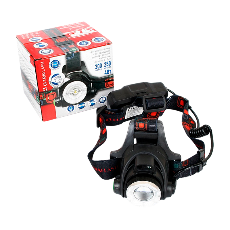 Фонарь налобный Ultraflash E1336 4W 1LED от аккумулятора IP20 3 режима+ZOOM черный (1/50)