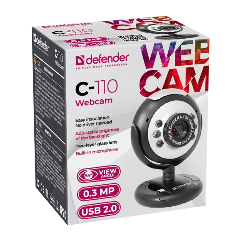 Веб-камера Defender C-110 CMOS 640x480 0.3Мп USB+Jack 3.5мм черный (1/50)