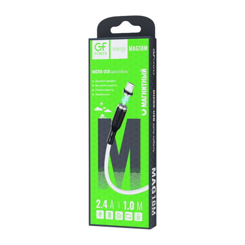 Кабель GFPower MAG18M USB (m)-microUSB (m) 1.0м 2.4A ПВХ магнит белый (1/200/800)
