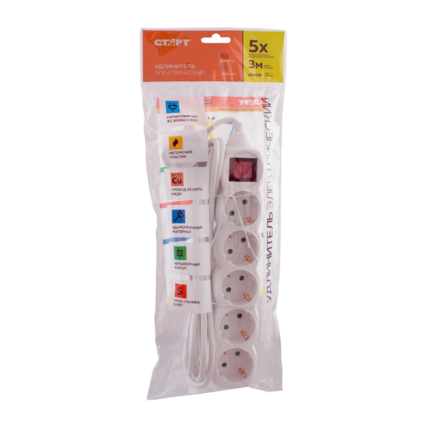 Удлинитель Старт S 5р.С/З 10A 3.0м с выкл. IP20 белый (1/20)