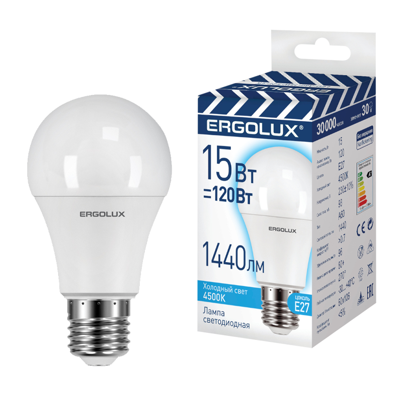 Лампа светодиодная Ergolux A60 E27 15W 4500К 180-240V груша ПРОМО (1/100)