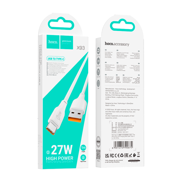 Кабель HOCO X93 USB (m)-Type-C (m) 1.0м 27W TPE белый (1/37/370)