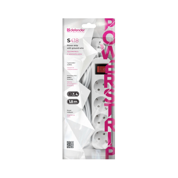 Удлинитель Defender S418 4р.С/З 10A 1.8м с выкл. белый (1/30)