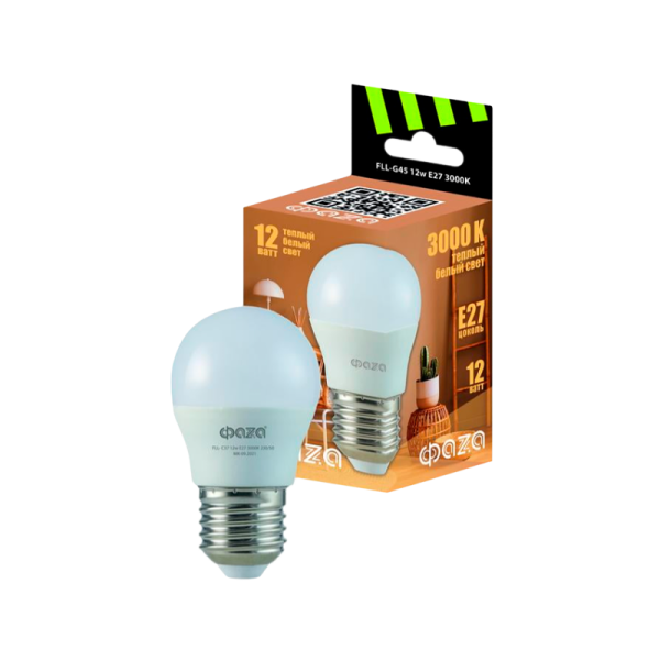 *Лампа светодиодная Фаzа G45 E27 12W 3000К 220-240V шар (1/10/100) 