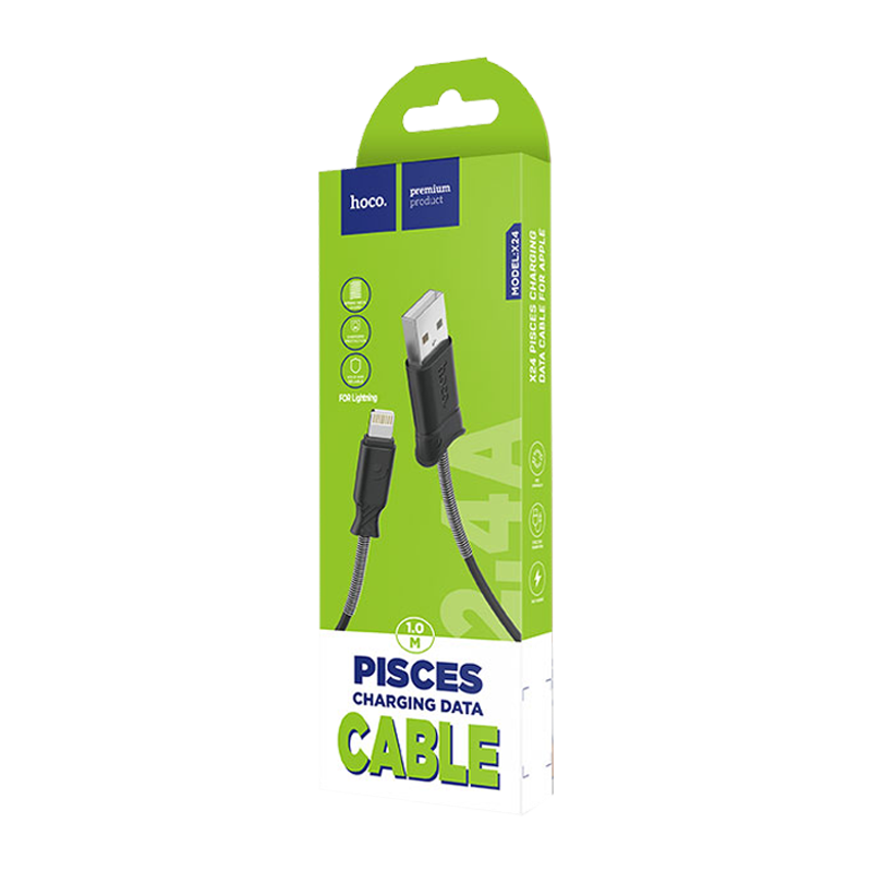 Кабель HOCO X24 USB (m)-Lightning (m) 1.0м 2.4A TPE черный (1/31/310)