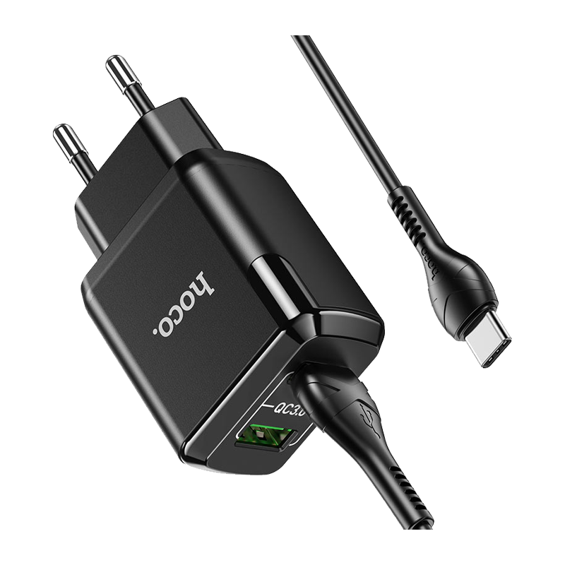 Сетевое З/У HOCO N6 2USB 3.0A QC3.0 с кабелем Type-C черный (1/12/120)