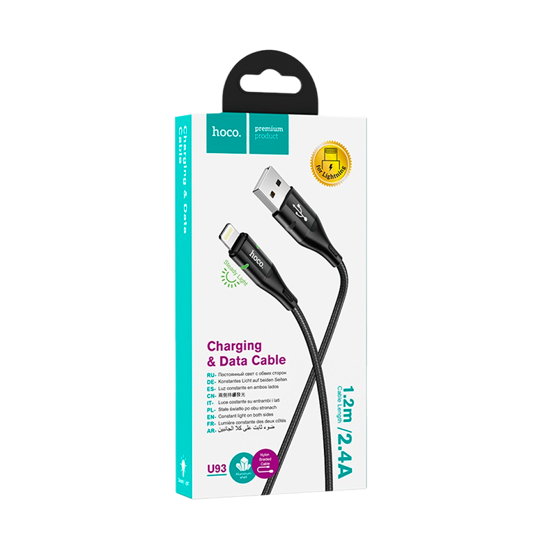 Кабель HOCO U93 USB (m)-Lightning (m) 1.2м 2.4A нейлон черный (1/22/220)