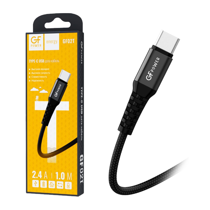 Кабель GFPower 02T USB (m)-Type-C (m) 1.0м 2.4A нейлон черный (1/200/800)
