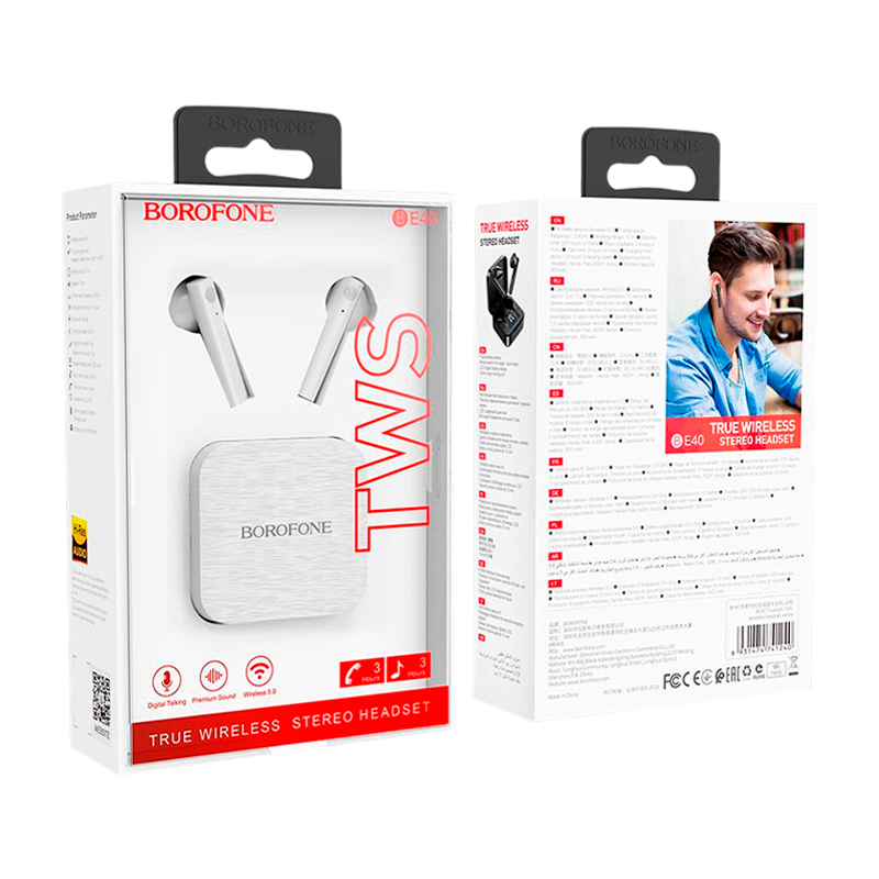 Наушники вставные Borofone BE40 bluetooth 5.0 с микр. белый (1/80)