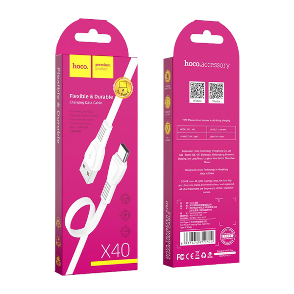 Кабель HOCO X40 USB (m)-Type-C (m) 1.0м 2.4A TPE белый (1/33/330)