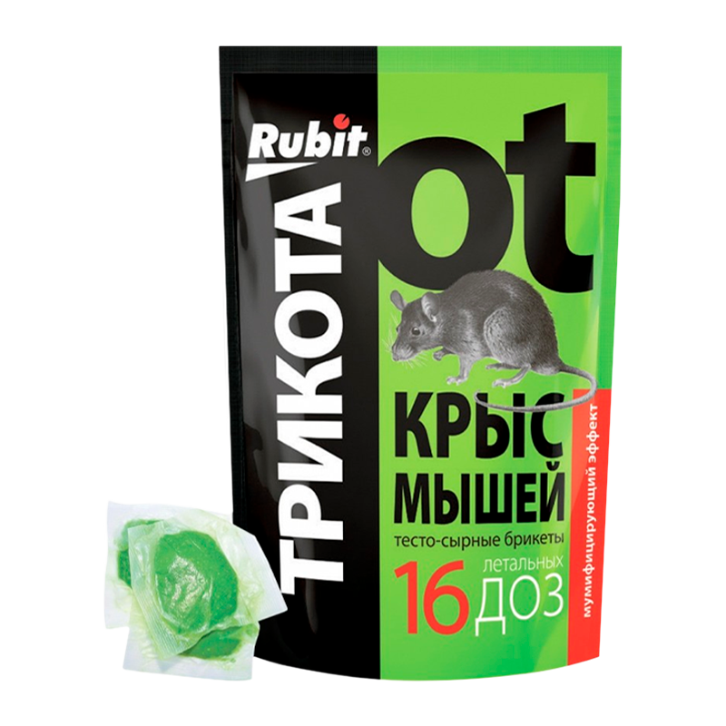 Тесто-брикеты Рубит от крыс и мышей ТриКота (зелен) сырные 16 доз.150г - 50шт./кор.