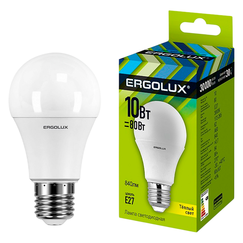 Лампа светодиодная Ergolux A60 E27 10W 3000К 180-240V груша (1/10/100)
