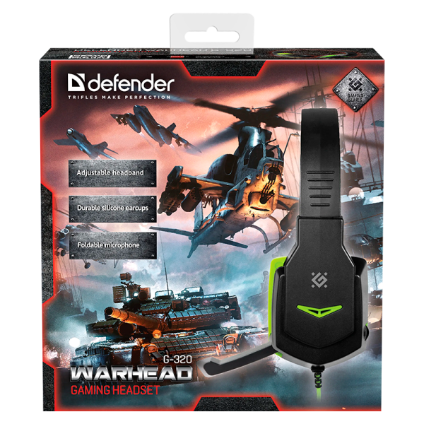 Наушники полноразмерные Defender G-320 Warhead с микр. игровые черный зеленый (1/20)