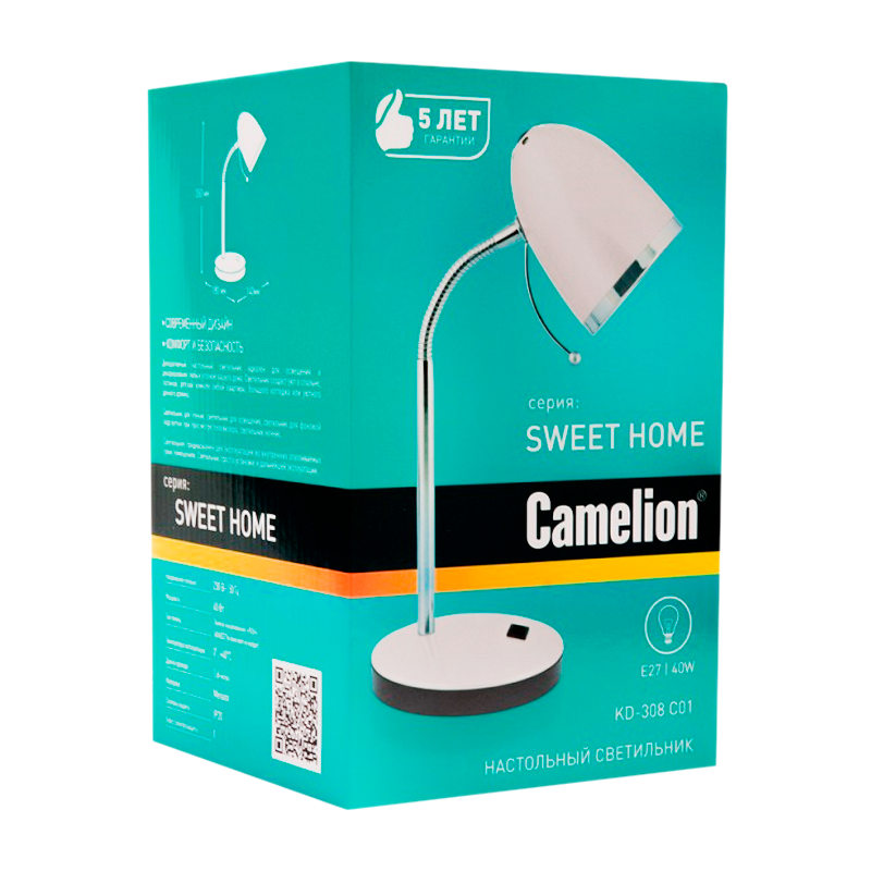 Светильник настольный Camelion KD-308 40W 230V E27 на основании белый (1/12)