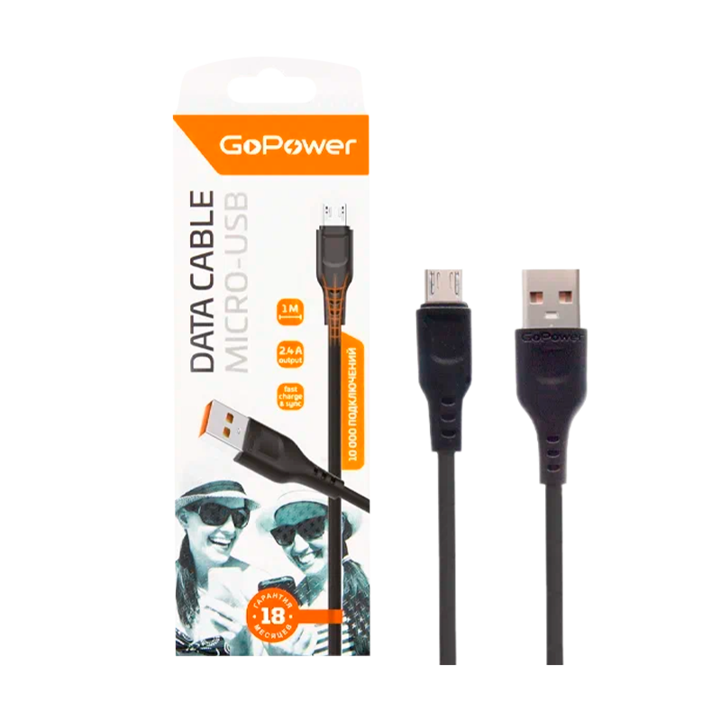 *Кабель GoPower GP01M USB (m)-microUSB (m) 1.0м 2.4A ПВХ черный (1/200/800) 