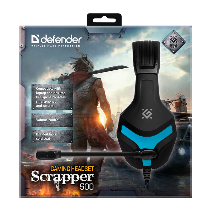 Наушники полноразмерные Defender Scrapper 500 с микр. игровые черный синий (1/16)