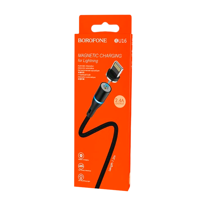 Кабель Borofone BU16 USB (m)-Lightning (m) 1.0м 2.4A нейлон магнит черный (1/63/252)