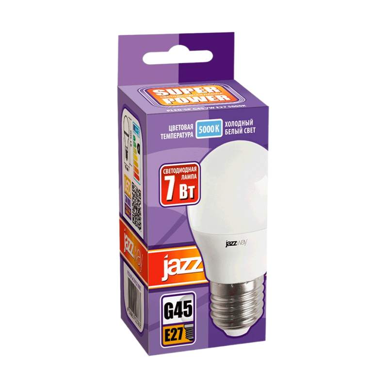 Лампа светодиодная JAZZway G45 E27 7W 5000К 230V шар матовая (1/10/100)