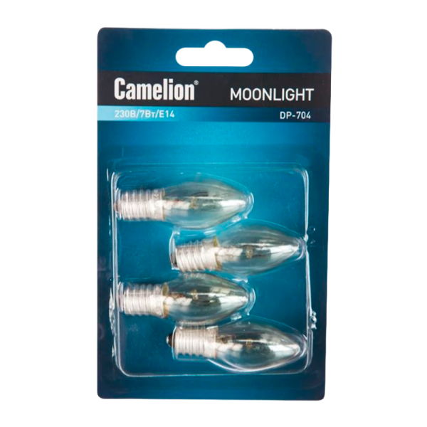 Лампа накаливания Camelion E14 7W 220-240V свеча DP-704 BL4 прозрачная (4/40/800)