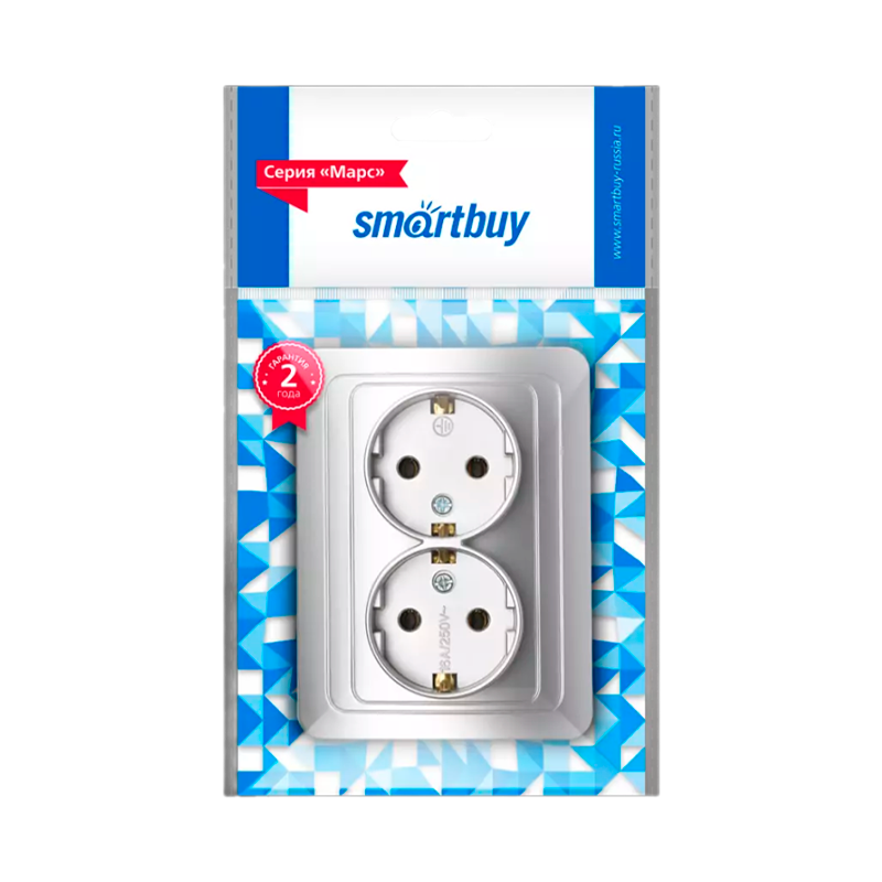 Розетка Smartbuy 2-местная с заземлением 16А серебро "Марс"