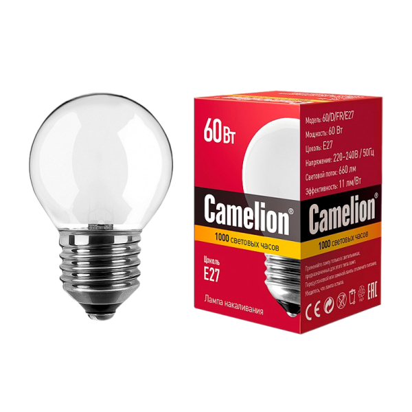 Лампа накаливания Camelion E27 60W 220V шар матовая (1/100)