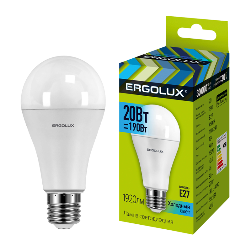 Лампа светодиодная Ergolux A65 E27 20W 4500К 180-240V груша ЛОН (1/10/100)
