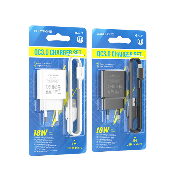 Сетевое З/У Borofone BA72A 1USB 18W QC3.0 с кабелем microUSB черный (1/60/240)