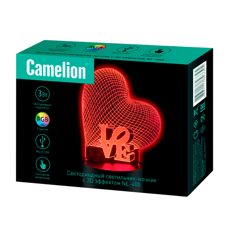Ночник Camelion NL-400 "Сердце" 3W 220V в розетку RGB