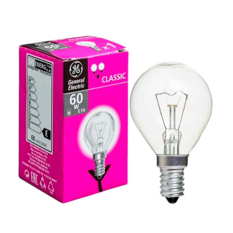 Лампа накаливания General Electric E14 60W 230V шар 45мм прозрачная