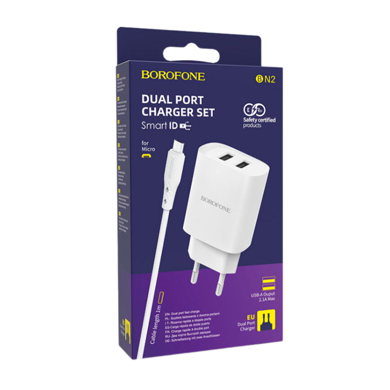 Сетевое З/У Borofone BN2 2USB 2.1A с кабелем microUSB белый (1/35/140)