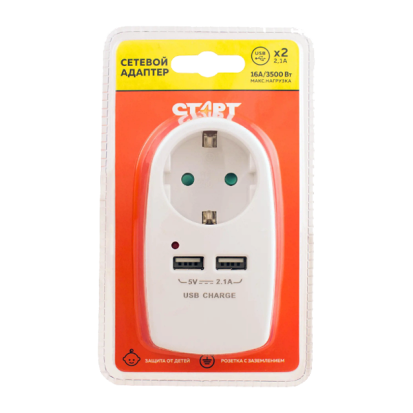 Разветвитель Старт SA 1р.С/З 16A 2USB с защитой от детей белый (1/10/60)
